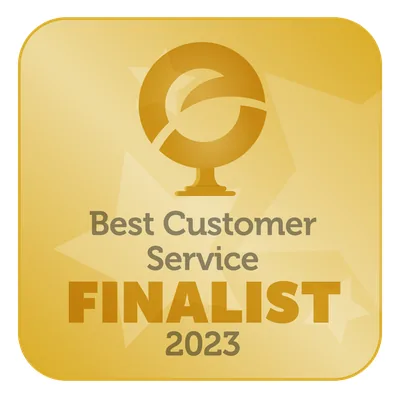 A gold square badge features a trophy icon above the text Best Customer Service FINALIST 2023 in bold lettering. The background has a subtle star pattern.
